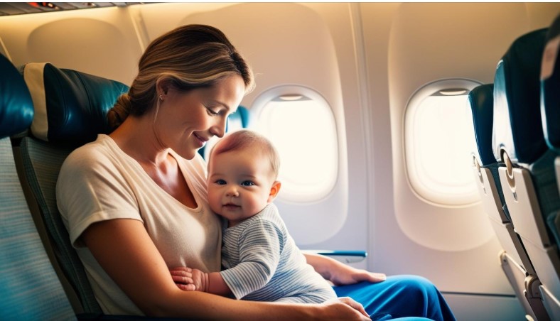 Imagem ilustrativa de mãe viajando com criança de colo em avião